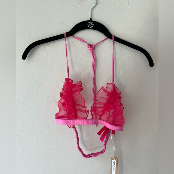 SKIMS EMBROIDERED TULLE TIE BRALETTE AND THONG SET IN PUNCH S - Picture 9 of 11